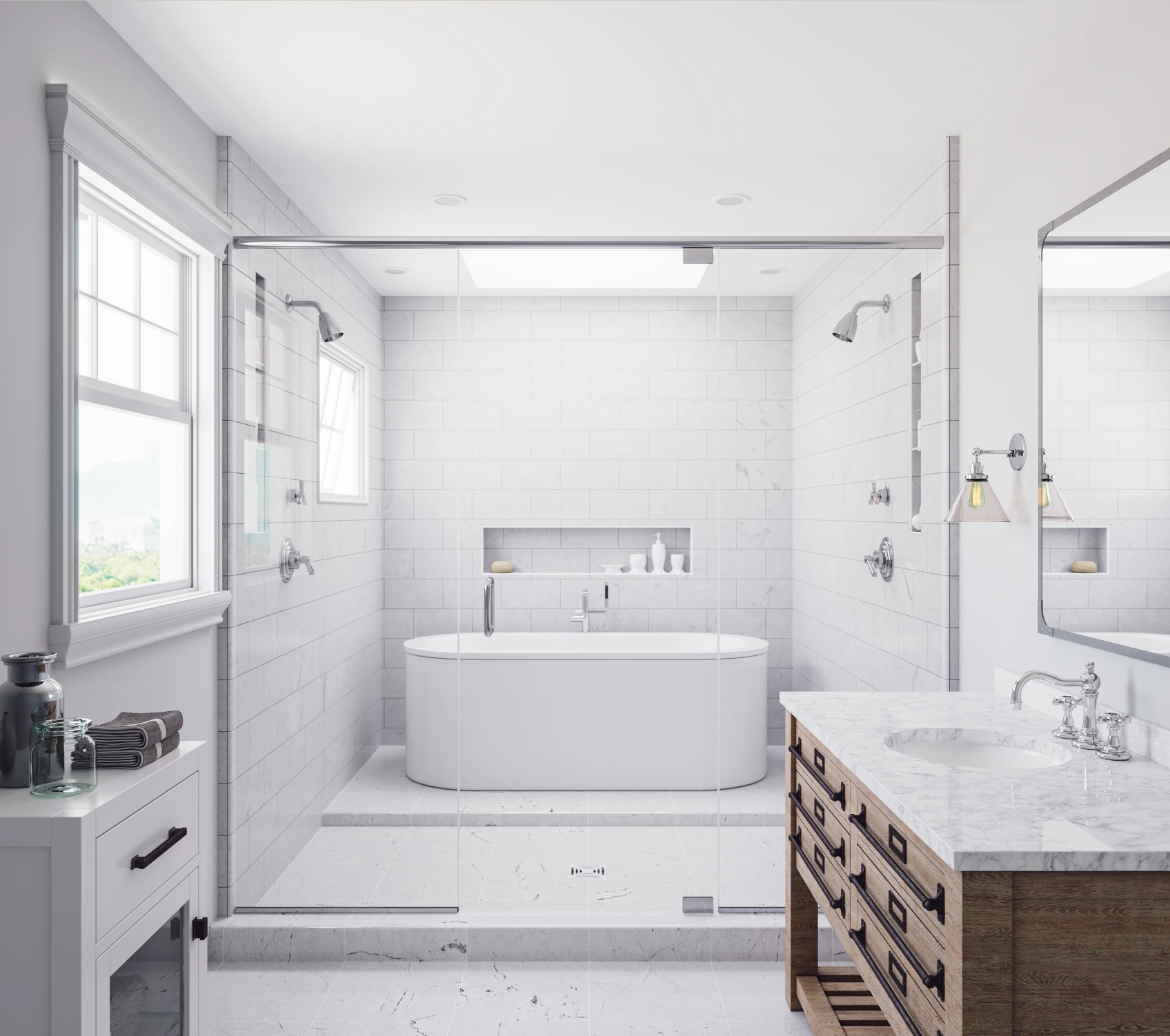 Modern bathroom with a freestanding tub, glass-enclosed shower, white tiles, and a wooden vanity with a marble countertop. Large windows provide natural light.