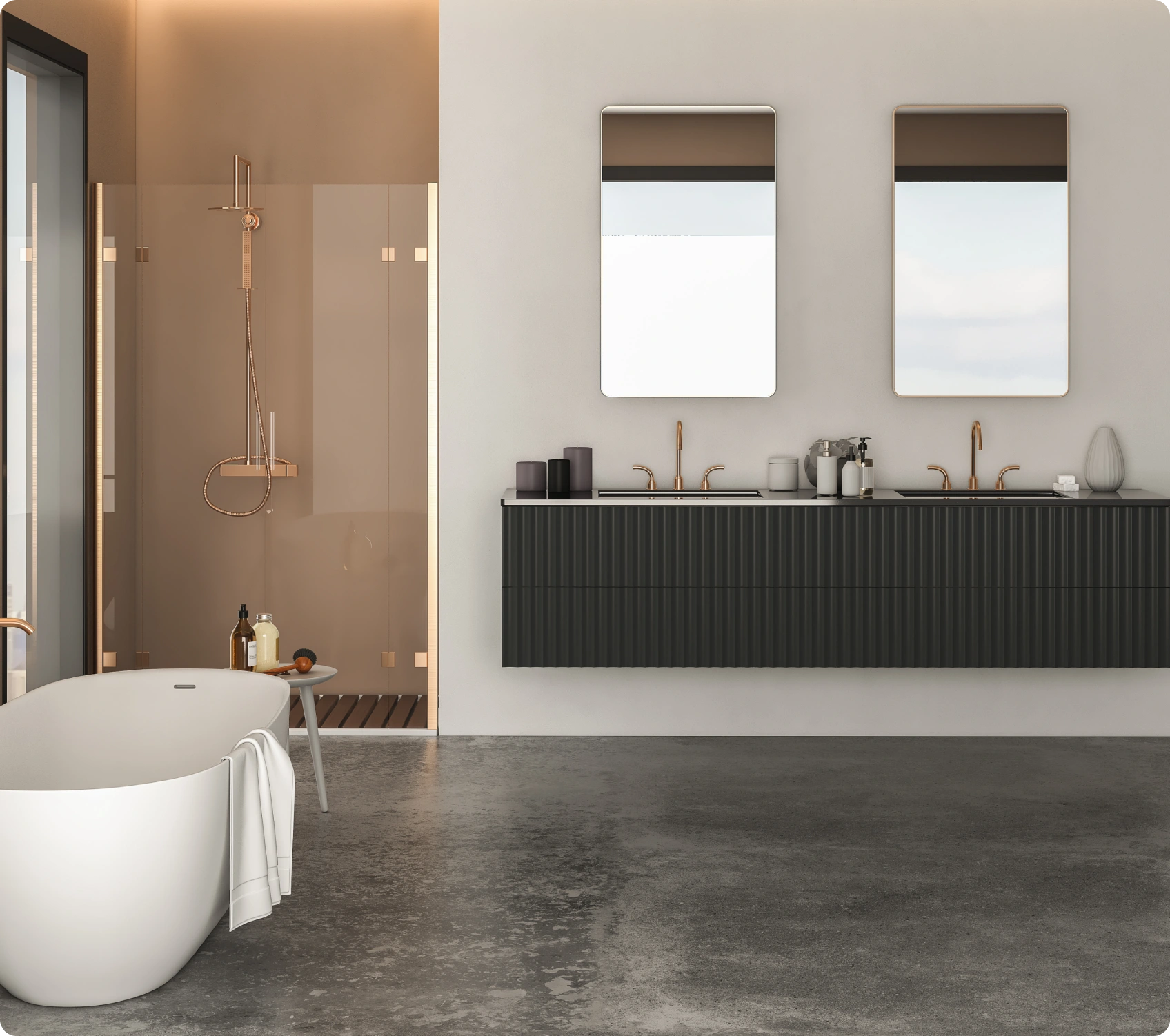 Minimalist bathroom with a freestanding bathtub, twin mirrors, double sinks on a floating vanity, and a glass-enclosed shower area. Modern decor and lighting.